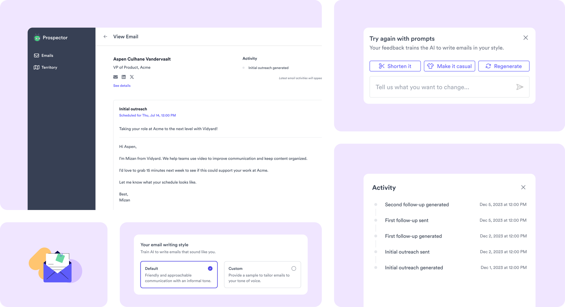 The agent’s queue — Scheduled, Sent, and Later — with the next-send banner